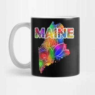 Colorful mandala art map of Maine with text in multicolor pattern Mug